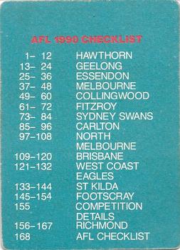1990 AFL Scanlens Stimorol #168 AFL Logo / Checklist Back